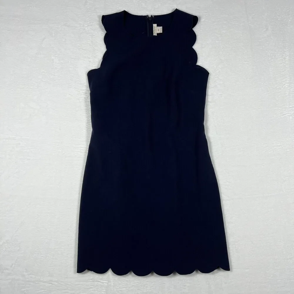 J Crew Womens 00 Navy Blue Scalloped Sheath Dress Sleeveless Fitted Back Zip